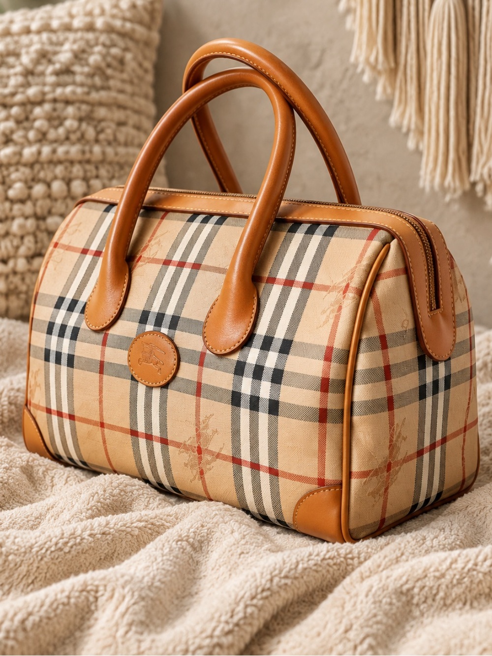 Burberry Nova Check Boston Bag in Beige and Tan.